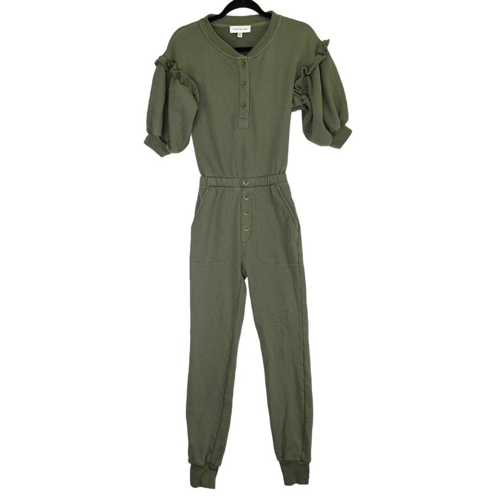 SOMETHING NAVY Olive Green Ruffle Sleeve Henley Jumpsuit Size XXS‎